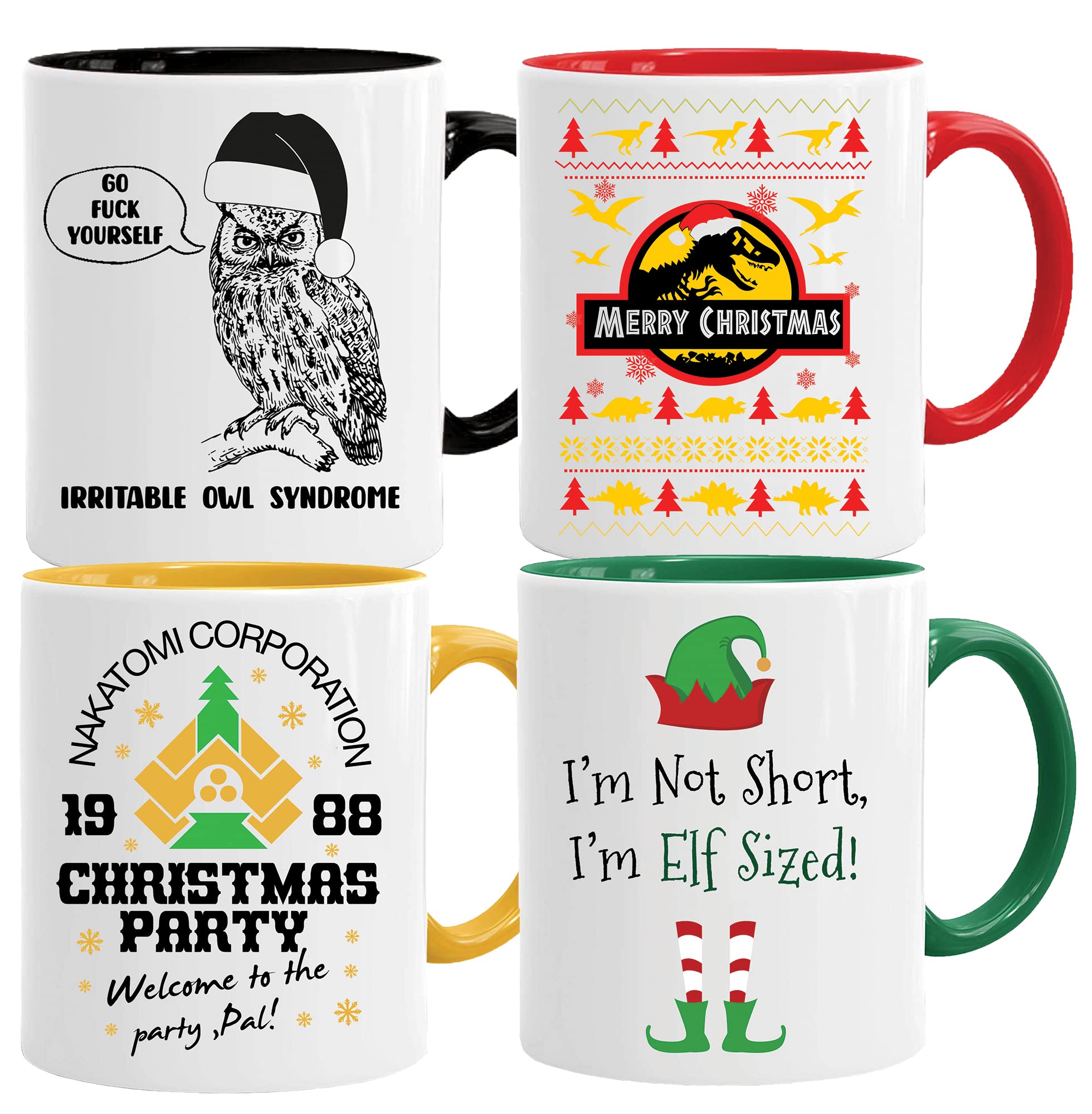 Acen Merchandise Weihnachtstassen (4er-Set) und Geschenkbox-Set – Stanzform harte Elfen, Geburtstage, Weihnachten, lustiges Geschenk, Feiern, Neuheit, alt, groß, strapazierfähig, Dino-beschichtet
