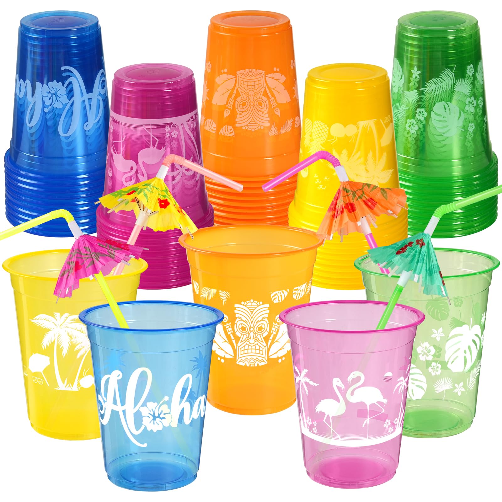 GuassLee 100 Pcs Hawaiian Party Cups, 16oz Colourful Plastic Cups for Summer Tropical Birthday Party Decor