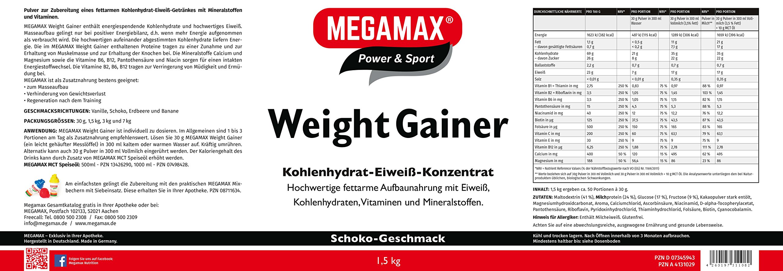 Megamax Weight Gainer Schoko 1,5 kg - Dein Mass Gainer zur Zubereitung eines fettarmen Kohlenhydrat-Eiweiß-Getränkes für Muskelmasse u. Gewichtszunahme Ideal zur Kräftigung und bei Untergewicht