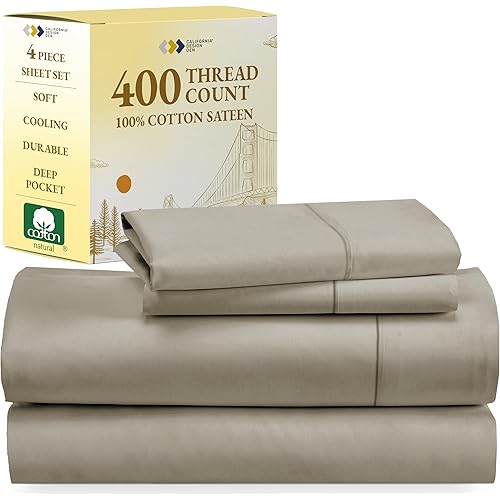 California Design Den Softest 100% Cotton Sheets - California King Sheets Set, 400 Thread Count Sateen, Deep Pockets, Cool and Durable Bedding Set - Taupe