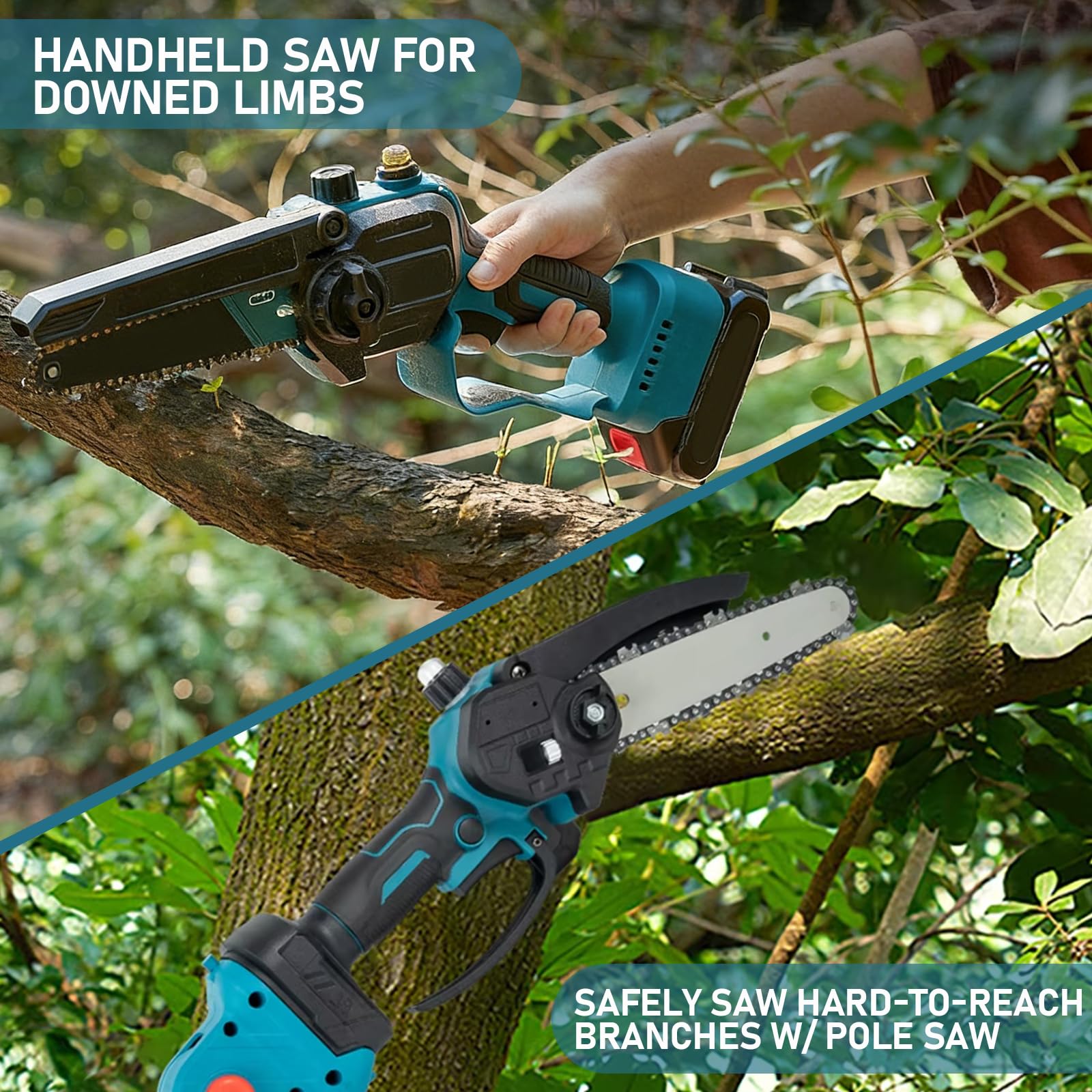 Kit 4-en-1 Sécateur et Tronçonneuse sans Fil, Mini Tronçonneuse sans Fil 6" avec 2 Batteries 4.0Ah & Chargeur, Ébrancheur sans Fil avec Manche Télescopique, Scie à Branches Électrique pour Jardin