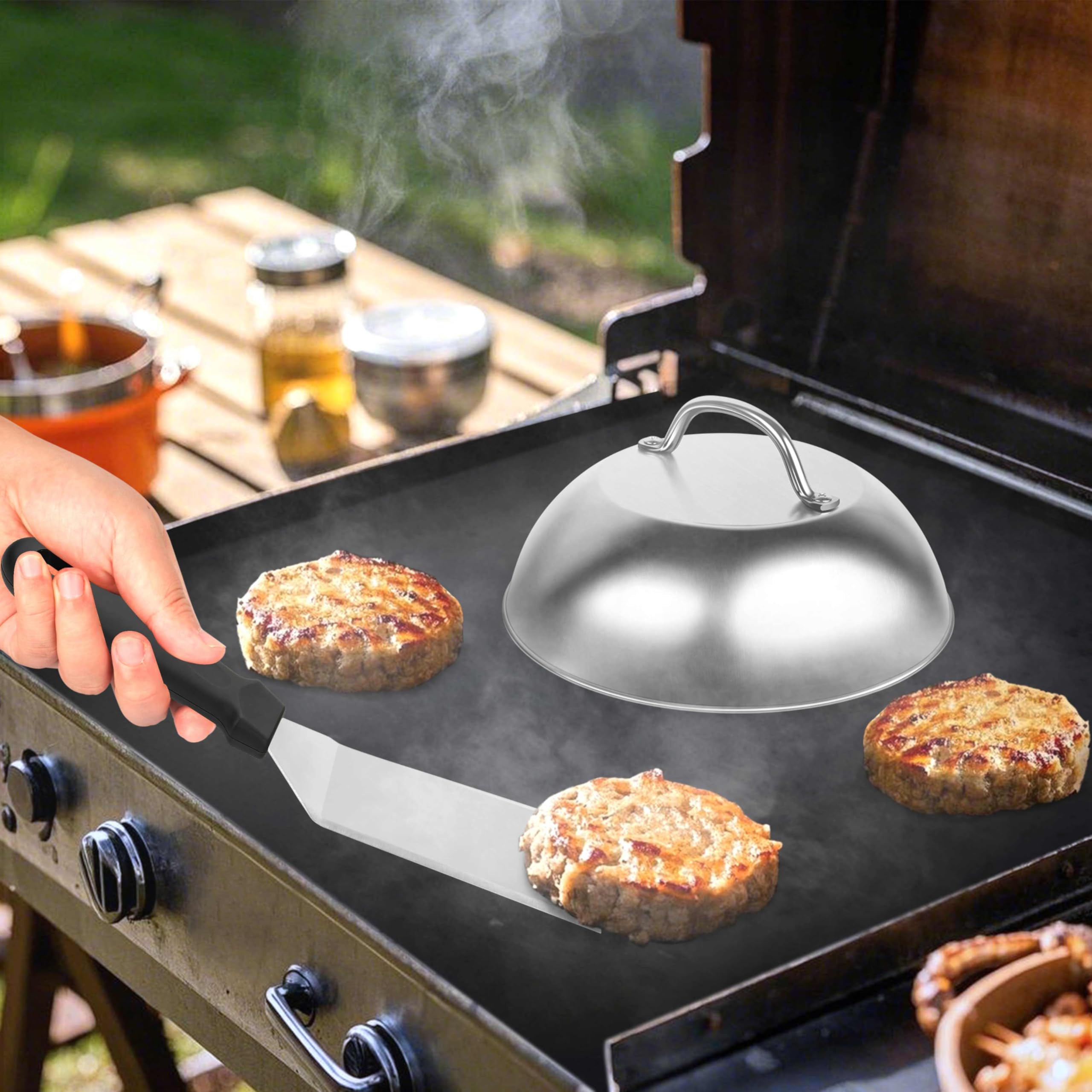 Burger Set, inkl. 2 Edelstahl Burgerglocken, Burgerpresse, Smasher, Pattywender, Komplettes Burger Grill Set für BBQ Plancha, Grillplatte, Gasgrill & Feuerplatte