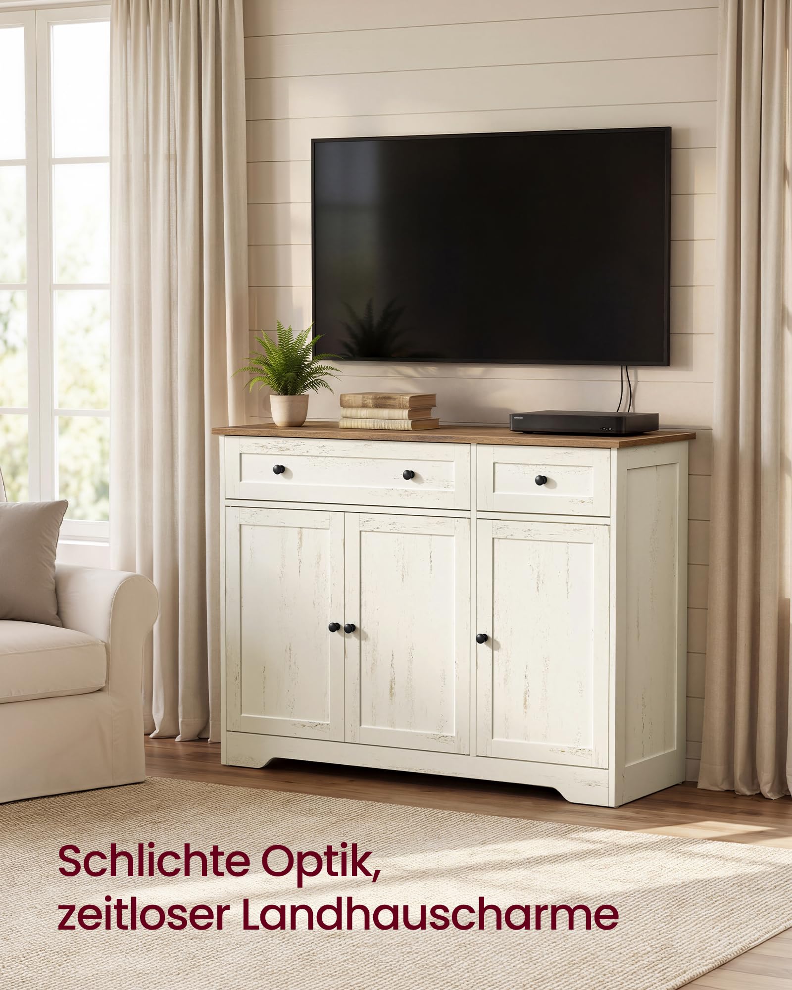 VASAGLE Siren Kollektion - Aufbewahrungsschrank, Küchenschrank im Landhausstil, Sideboard, 2 Schubladen, verstellbare Ablagen, 3 Türen, Kaffeebar, 40 x 106,8 x 80 cm, vintageweiß LSC531WJ01
