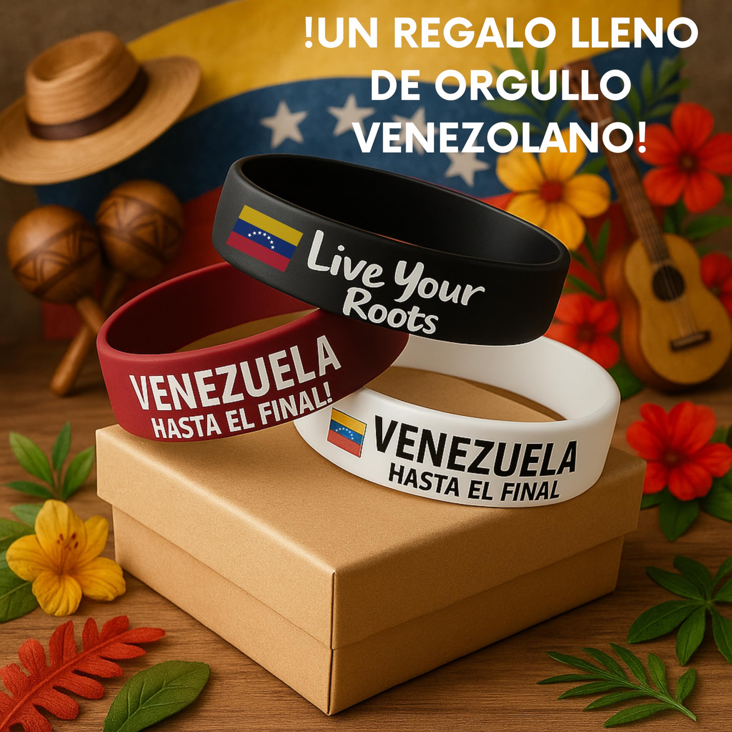 Bandera De Venezuela 7 Estrellas en pulsera Unisex de Silicona Premium | 15 mm x 202 mm x 2 mm | Bandera venezuela 7 estrellas y lema “HASTA EL FINAL” | Negro, Blanco y Vinotinto