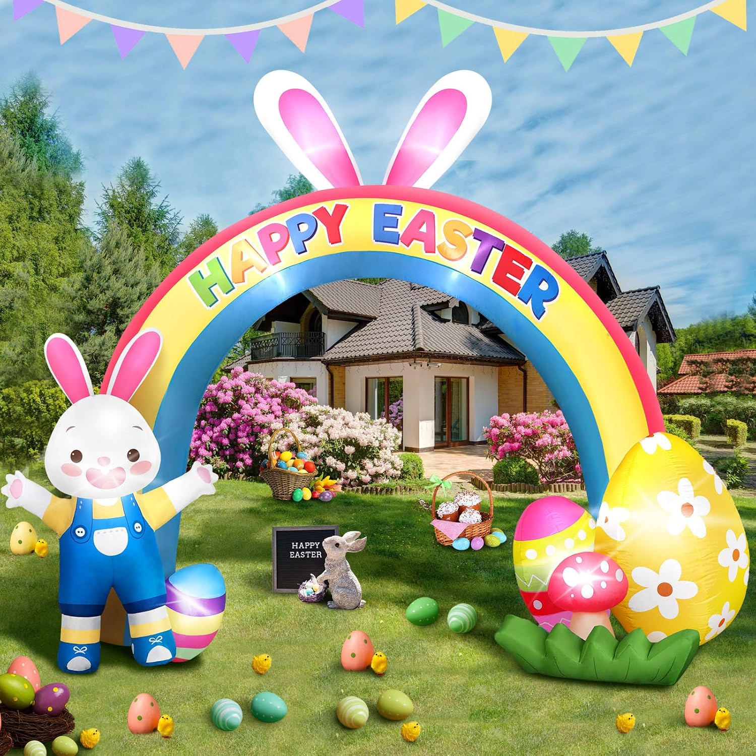 Easter Inflatables Decoration Easter Day Inflatable Outdoor Decor Build in LED Blow up for Spring Holiday Party Outdoor Garden Yard(10.6 ft,Rainbow)