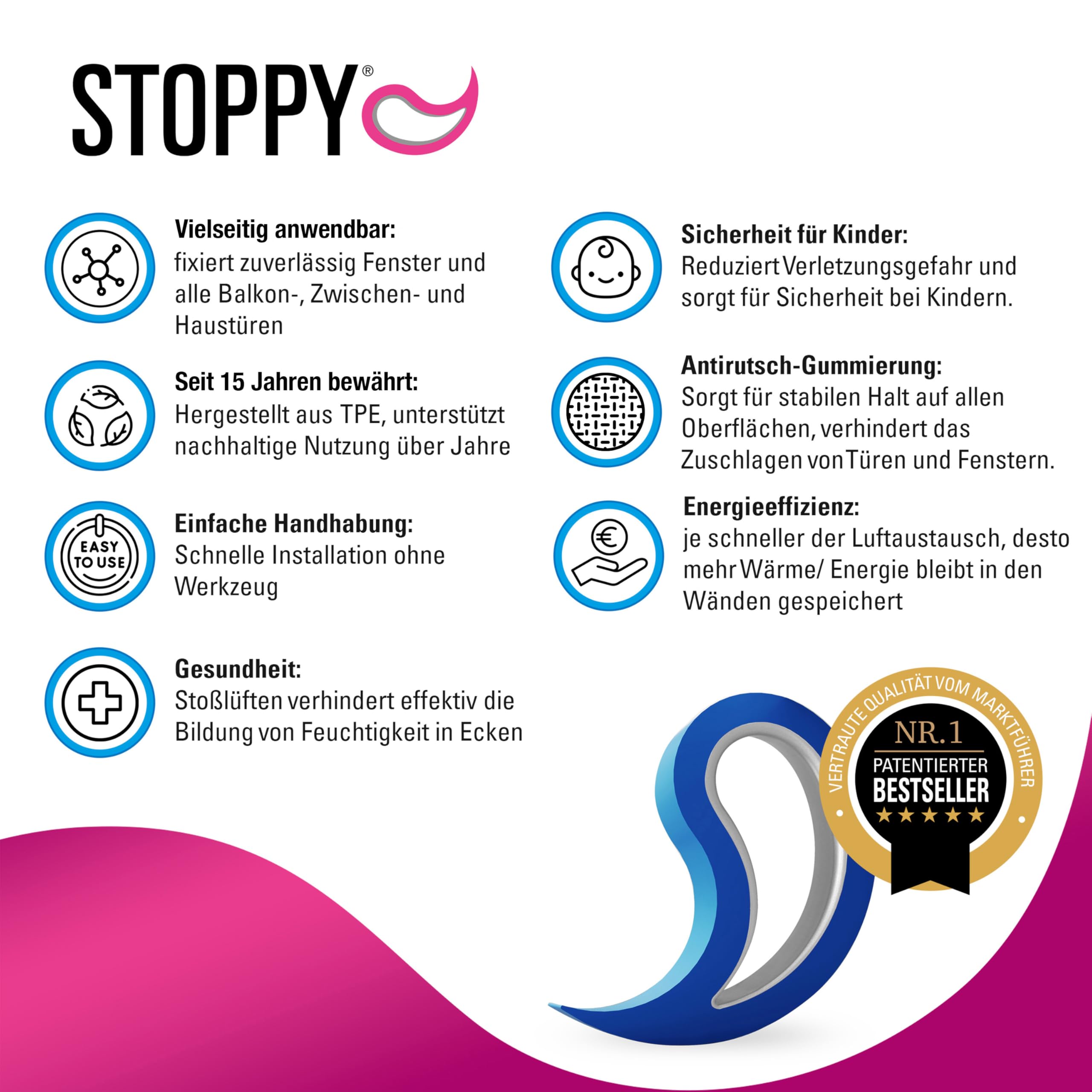 Stoppy, Stoppi, Fensterstopper, Türstopper, Türkeil, Türhaken, Fensterklammer, 12er Set (erhältlich in 4 Variationen) (Bunt)