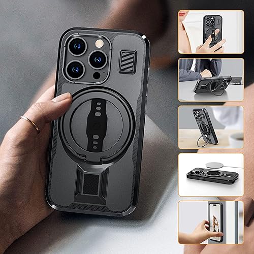 Miniatura 2 de EWA Funda para iPhone 15 Pro compatible con Magsafe con soporte de anillo, agarre de correa de silicona, cierre trasero de doble imán, protección