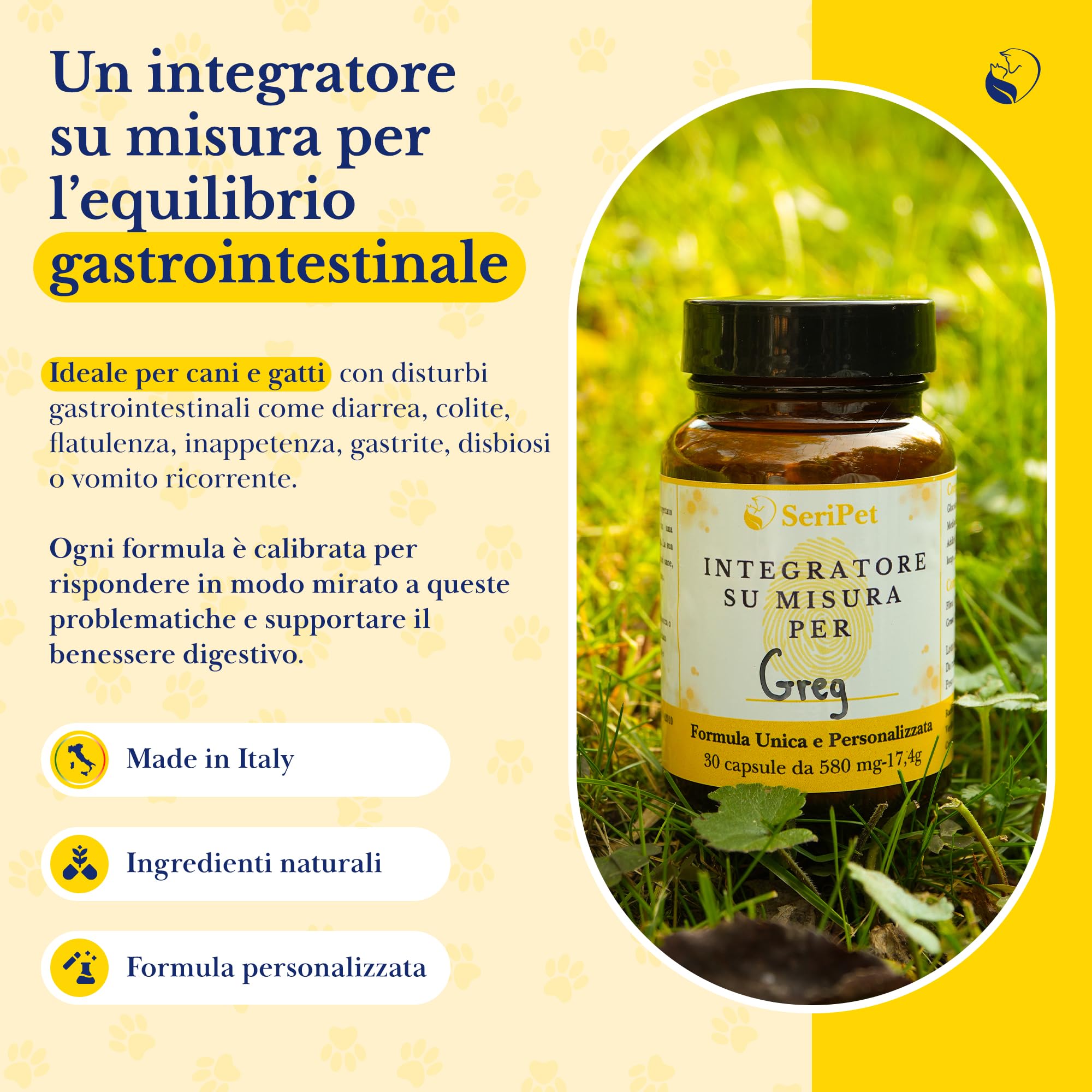 Integratore Disturbi Intestinali Personalizzato per Gatti – Vomito, Diarrea, Colite, Disbiosi o Gastrite – Probiotici e Prebiotici Naturali – 30 Capsule da 580 MG