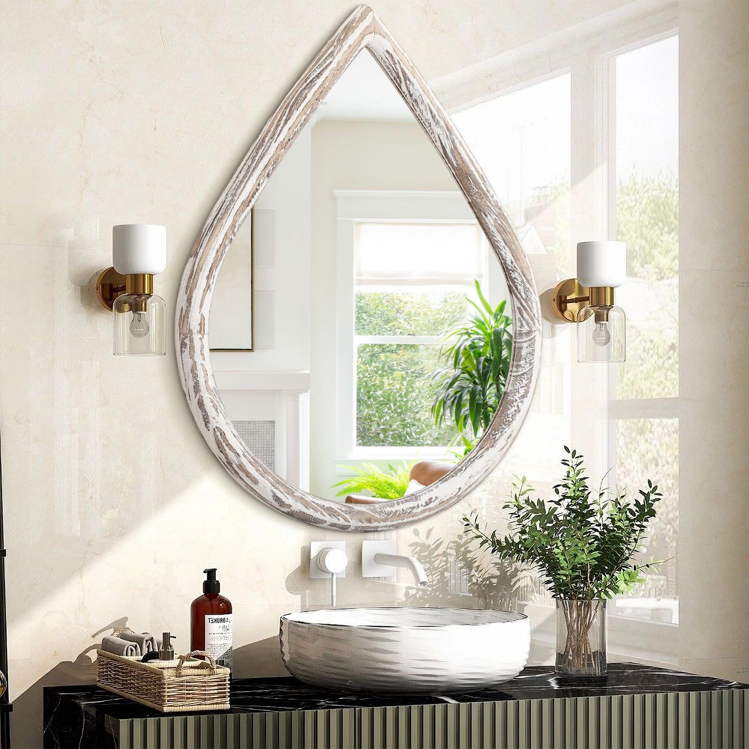 Specchi a goccia con cornice in legno rustico bianco da appendere alla parete, grande specchio decorativo per soggiorno, bagno, ingresso, 65 x 45 cm