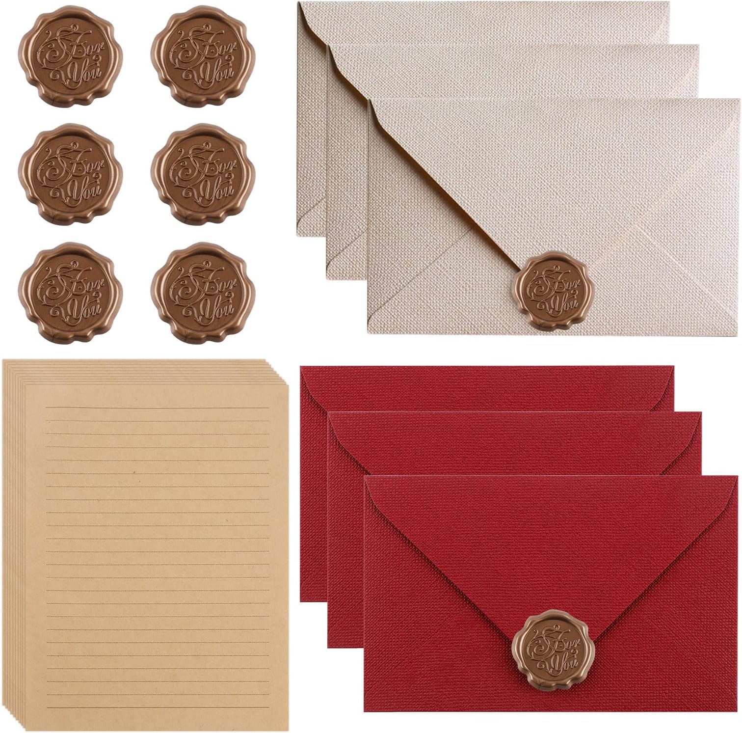 Vintage Briefpapier Set Mit Umschlägen - 10 A5 Blätter + 10 Umschläge + Wachssiegel Aufkleber