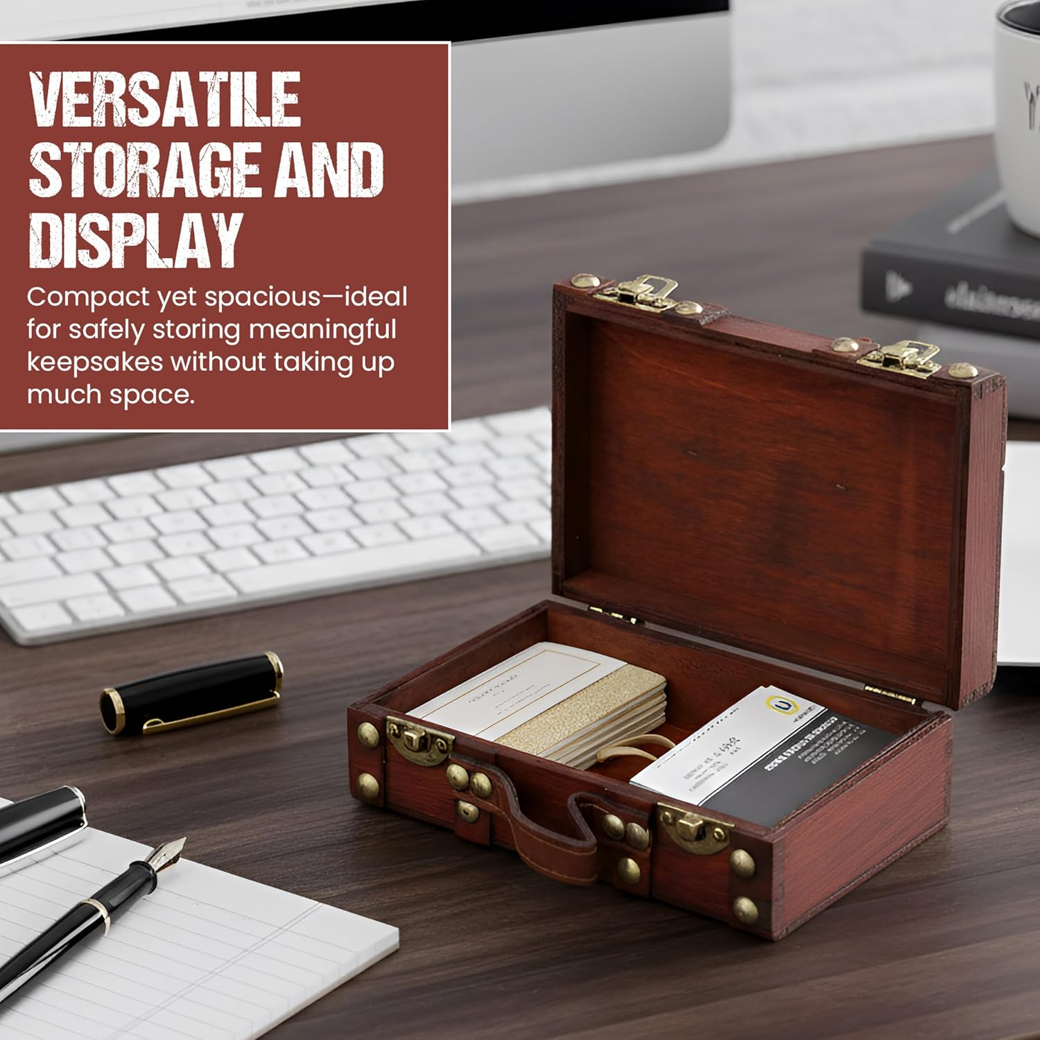 Vintiquewise Old Style Decorative Suitcase with Stripes, Small Vintage Wooden Suitcase Box with Handle, 13 Inch
