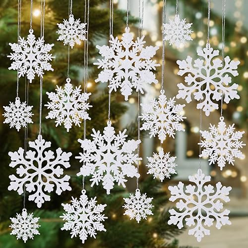 Adornos de copo de nieve blancos a prueba de roturas para decoración de árbol de Navidad, paquete de 36 - Brillantes copos de nieve de plástico