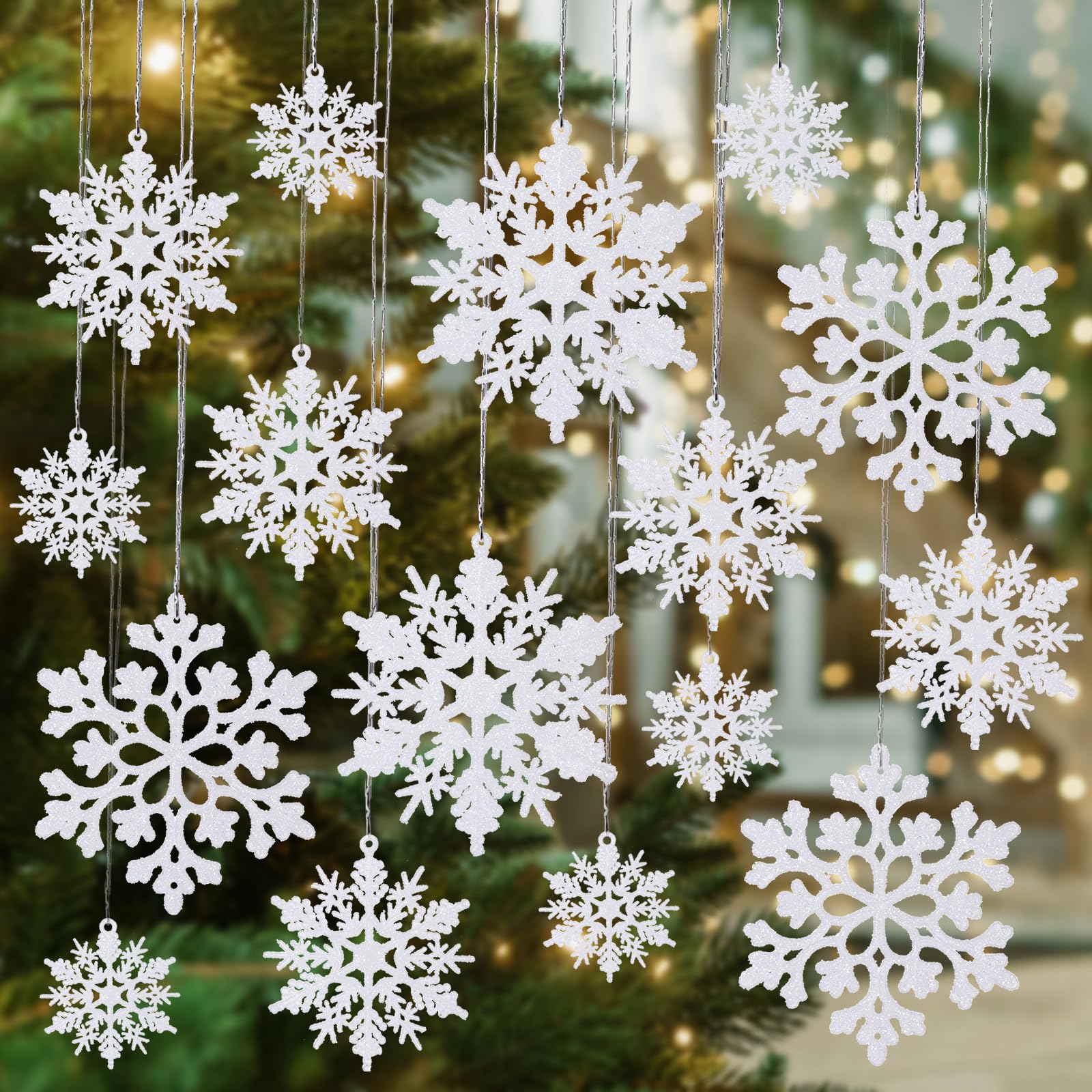 Shatterproof White Snowflake Ornaments for Christmas Tree Decor 36 Pack-  Sparkling Plastic Hanging Snowflakes for Christmas Decorations
