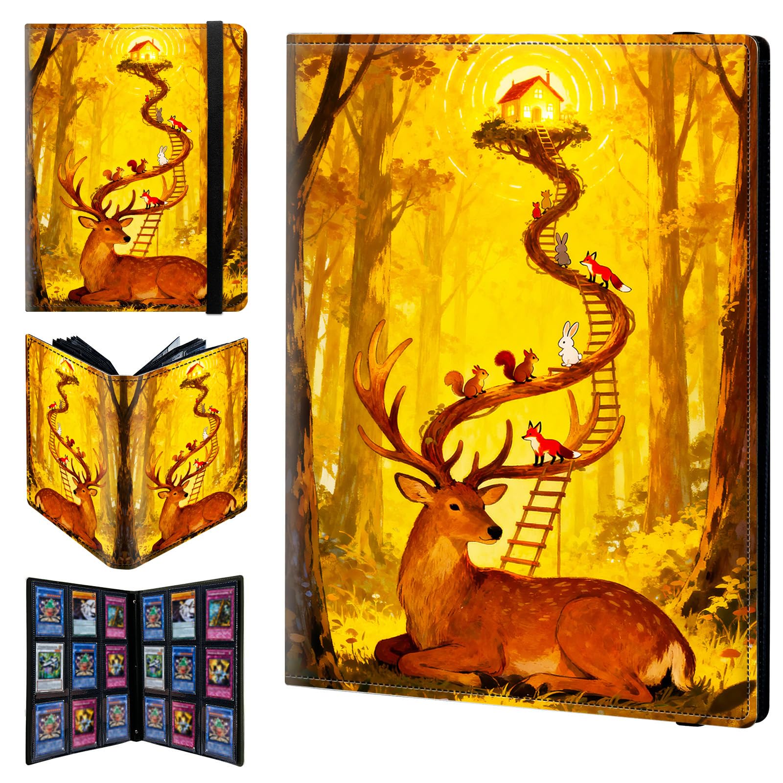 9 Pocket Trading Card Binder 720 Side Loading Pocket Album with Forest Deer and Foxes Pattern Design Card Binder for Sports Cards & Game Cards