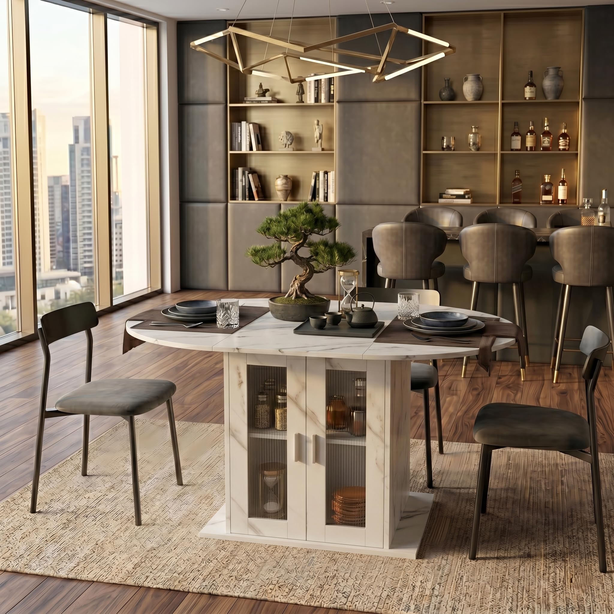 1 mesa de comedor extensible con almacenamiento para frigorífico, mesa de comedor redonda y ovalada para 4 – 6 personas, estable y ahorra espacio, para cocina, comedor y sala de estar (blanco, 100-140