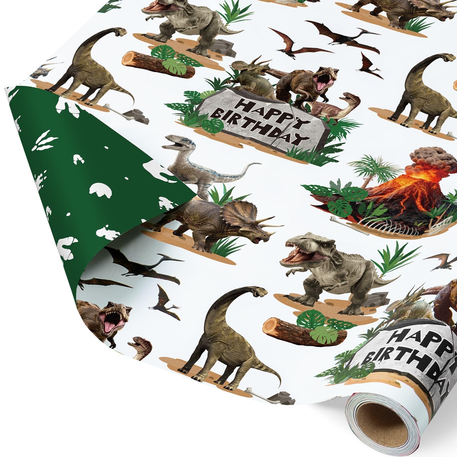 WERNNSAI Dinosaur Wrapping Paper - 1 Roll Dinosaur Birthday Wrapping Paper Kids Boys Birthday Gift Wrap Green Jurassic Theme Gift Packing Decoration Reversible Paw Prints Design 43cm x 5m — image 1