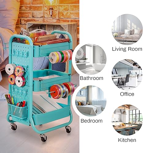 Miniatura 2 de DESIGNA Carrito de almacenamiento de 3 niveles con tablero de clavijas extraíble y ganchos de cestas de almacenamiento adicionales, carritos de arte