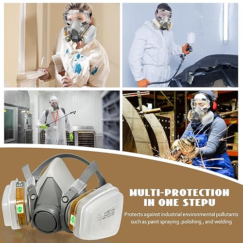 Miniatura 7 de Máscara de gas respirador con filtros, cubierta de media cara de carbono activo con gafas de seguridad, máscara de seguridad para lijado de moldes