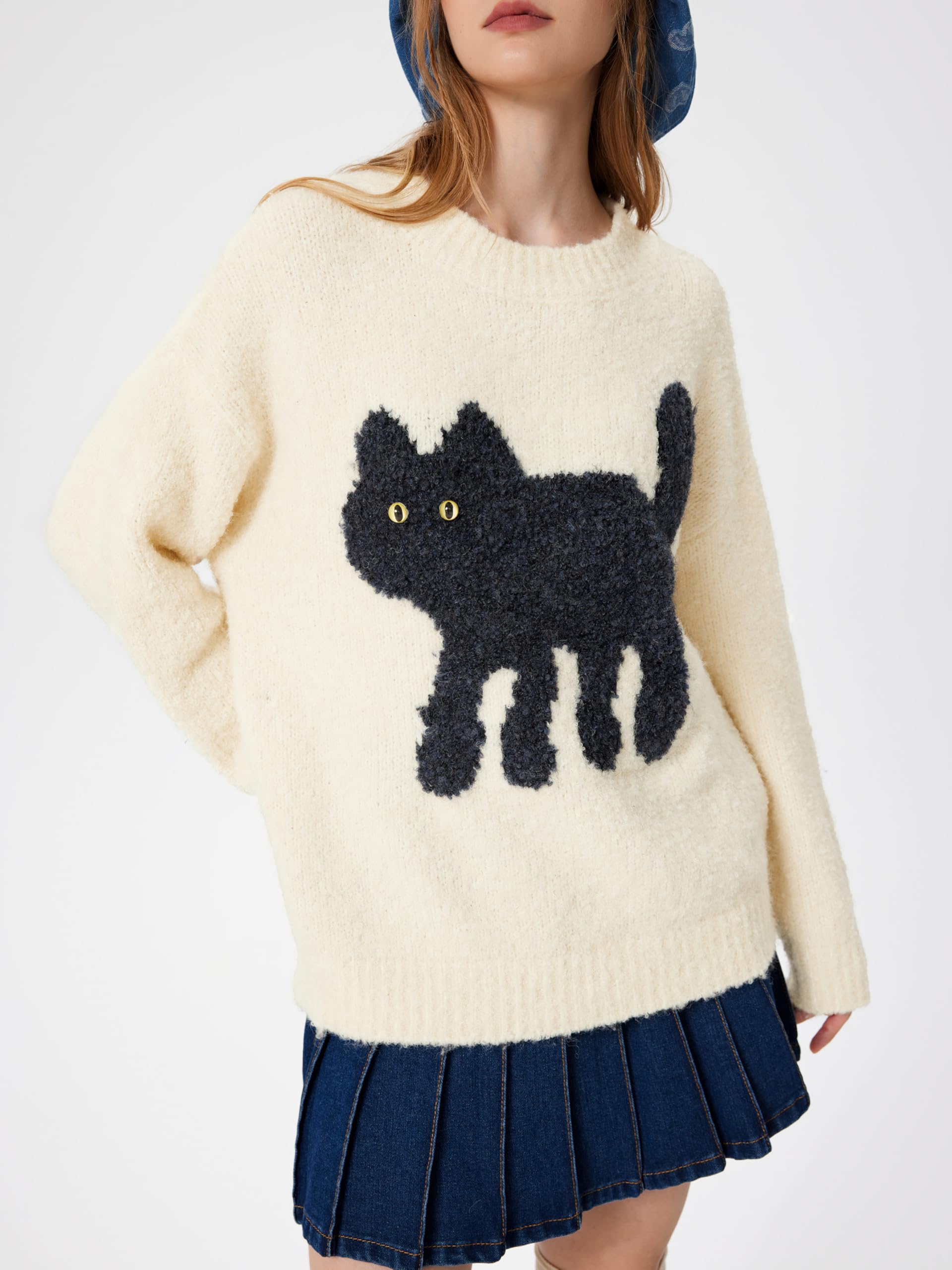 CIDER Damen-Katzen-Pullover, langärmelig, Rundhalsausschnitt, lustig, grafisch, niedlich, gemustert, grober Pullover | Oversized, Long Sleeve, Crewneck Sweater, Fall Winter Outfits