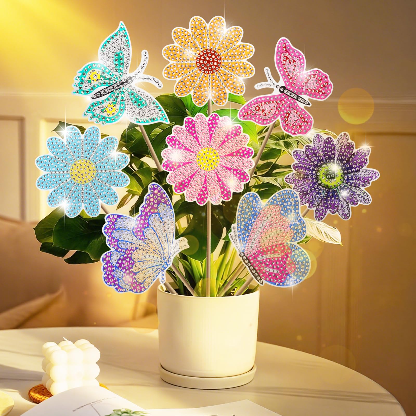 TNSLAND Diamond Painting Schmetterling Blumen 8 Stück, Diamond Painting Kinder Erwachsene, Bausätze für Diamantmalerei Gartenstecker Bastelset, Schmetterling Deko Geburtstag für Innenräume Garten