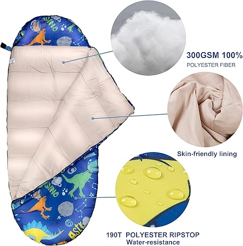 Miniatura 4 de YOLO 45 - Saco de dormir para niños con bolsa de transporte, para exteriores e interiores (dinosaurio espacial) de rioyalo YOLO 45