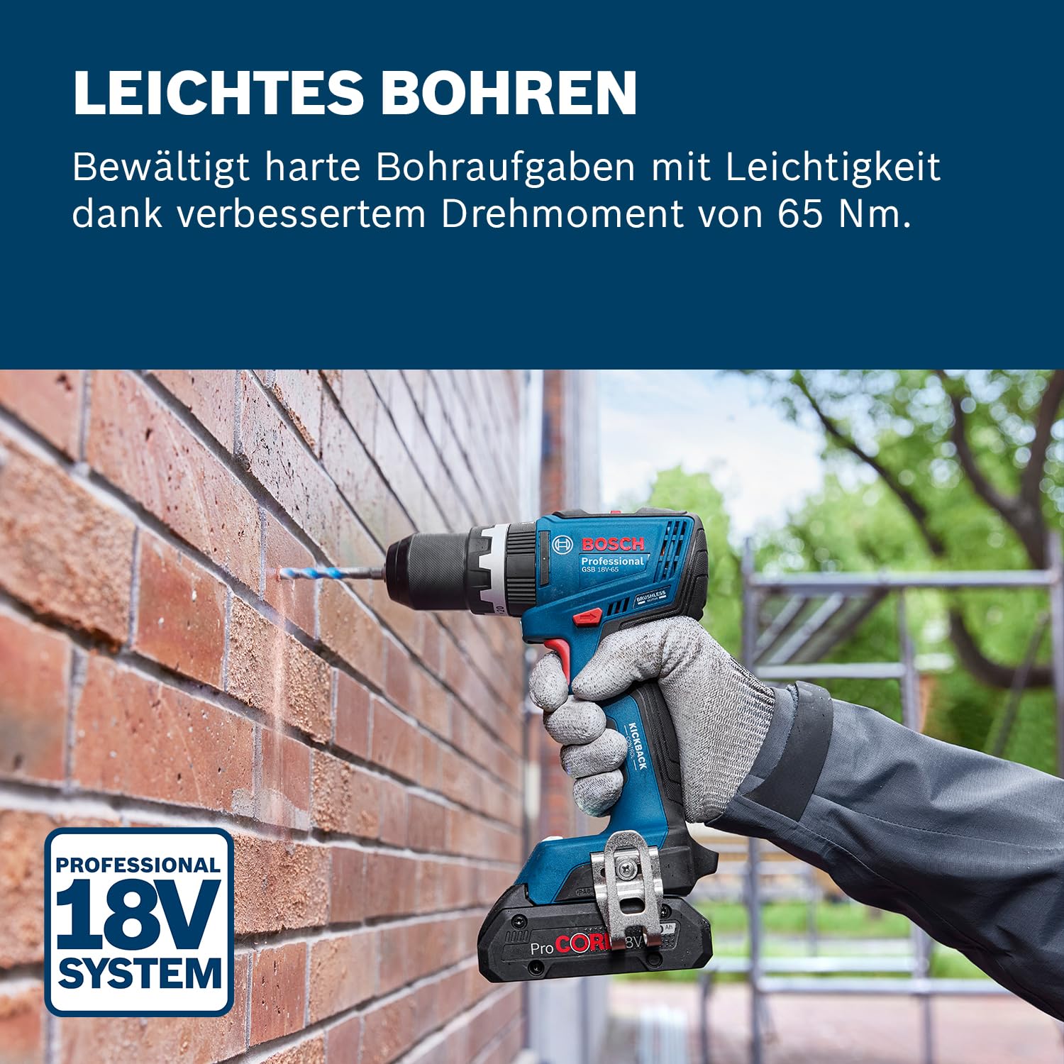 Bosch Professional 18V System Akku-Bohrschrauber GSB 18V-65 (bürstenloser Motor, Kopflänge 175)