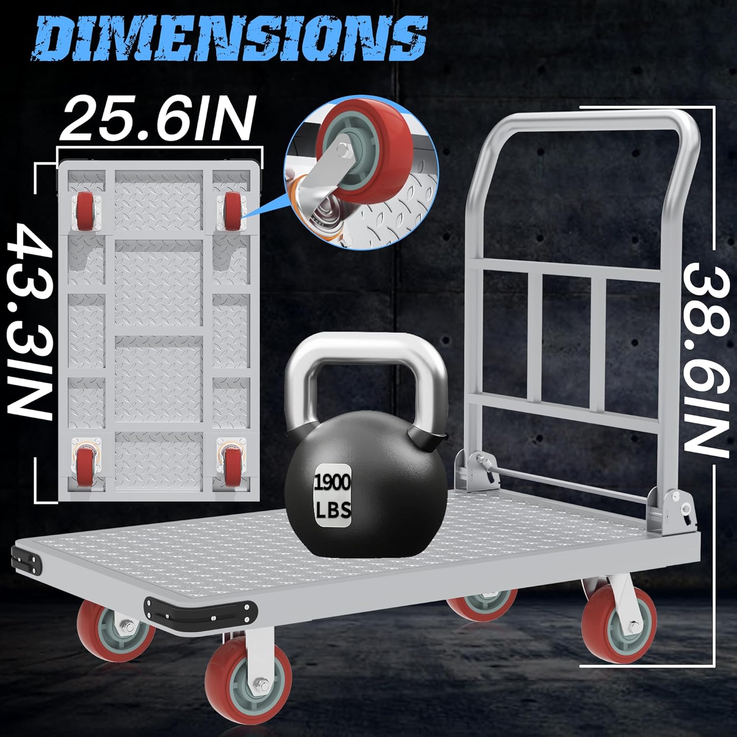 43.3x25.6 Heavy Duty Steel Platform Truck Cart-1900lbs Capacity with 360 Degree Swivel Wheels, Foldable Utility Cart for Easy Storage & Transport, Industrial-Grade Base Plate (Sliver,XL)