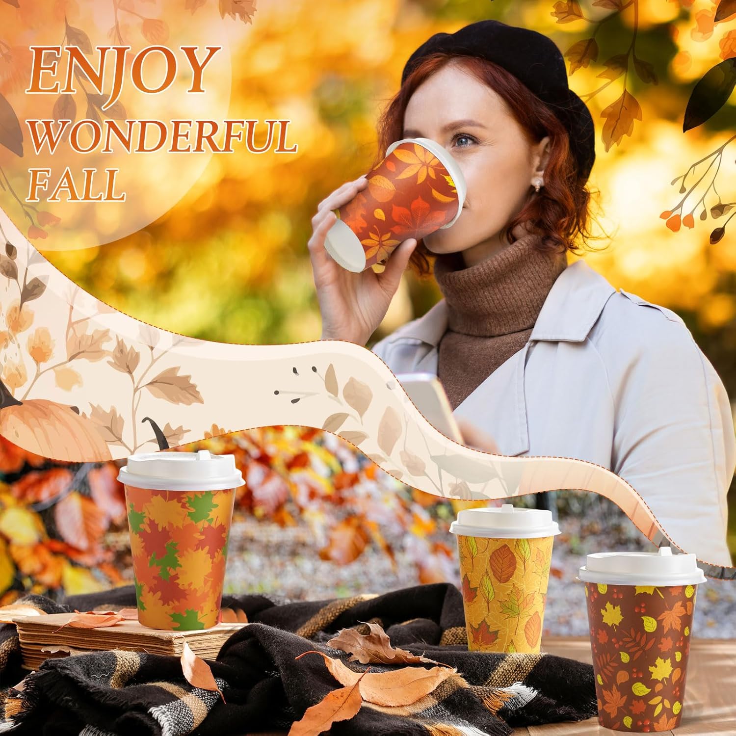 120 Pcs Thanksgiving Fall Disposable Coffee Cups with Lids 12oz Maple Leaves Pumpkin Paper Cups Beverage Drinking Cup for Harvest Autumn Party Restaurant Travel Business Supplies 10 Style