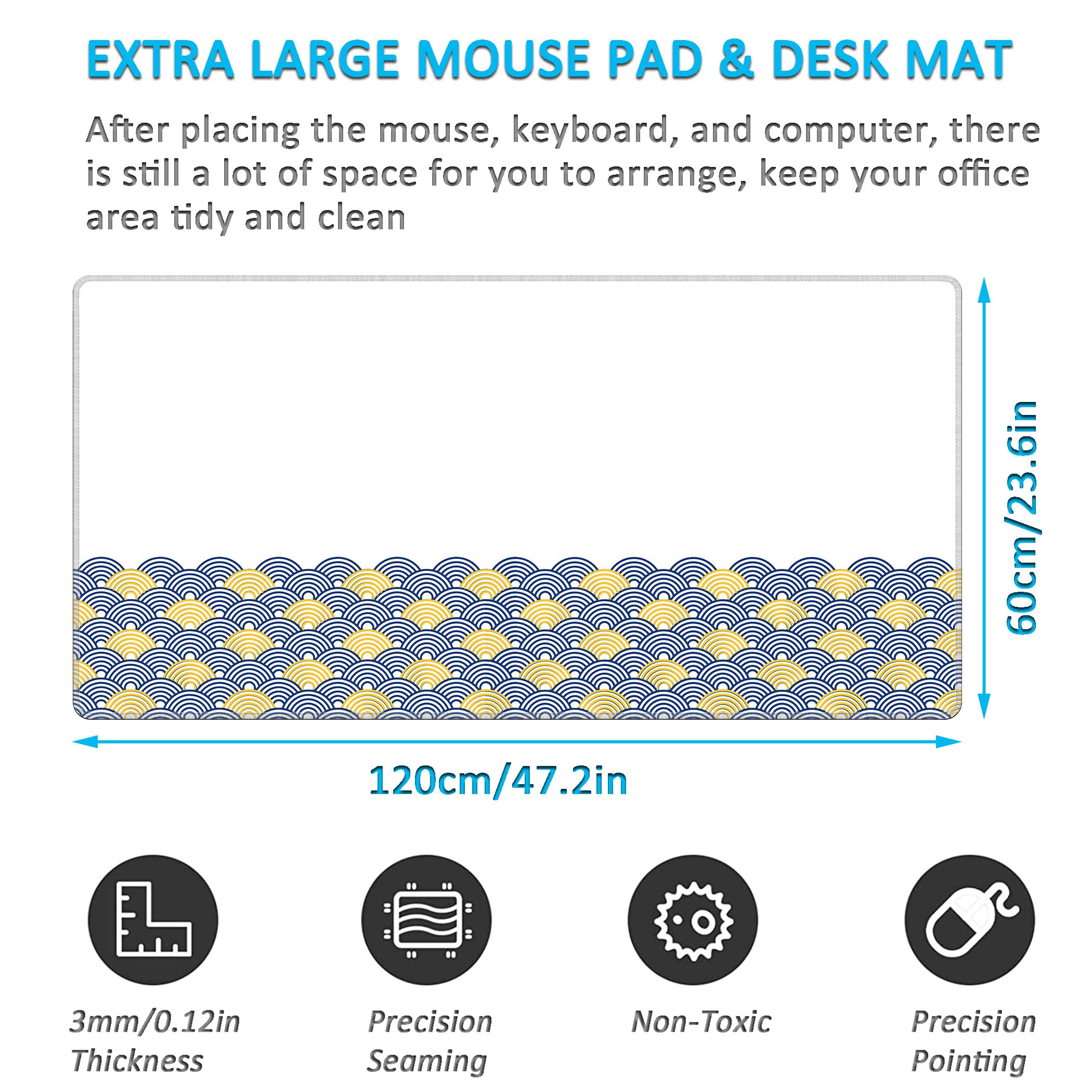 LL-COEUR Grande Tappetino per Mouse da Gioco Onde Marine 120x60x0,3CM Tappetino da Scrivania Esteso XXL Speed Gaming Mousepad L
