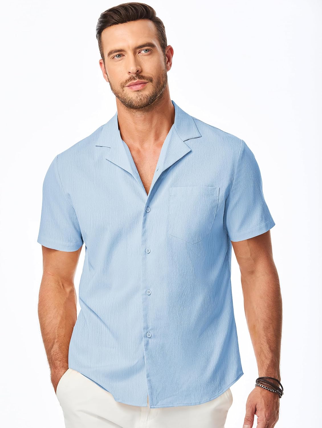 JMIERR Men's Casual Button Down Shirts Short Sleeve Textured Summer Beach Shirt Cuban Vacation Shirts with Pocket - Image 9