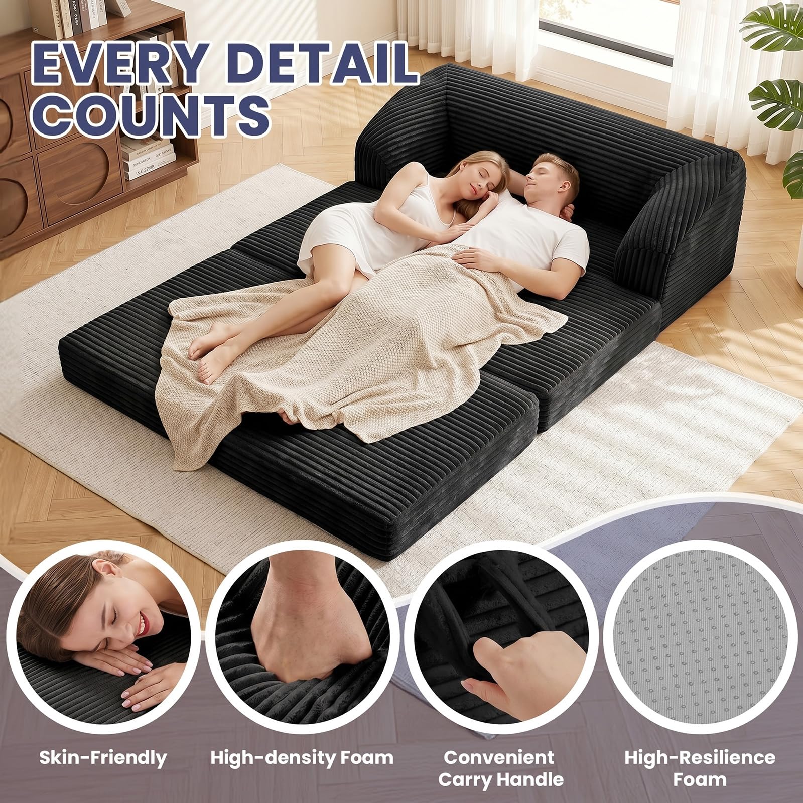 Convertible Sofa Bed, 3-in-1 Foldable Loveseat Couch with Armrest, Corduroy Floor Sofa & Sleeper Bed, No Assembly High-Density Foam Futon Mattress for Living Room, Small Apartment, Dorm