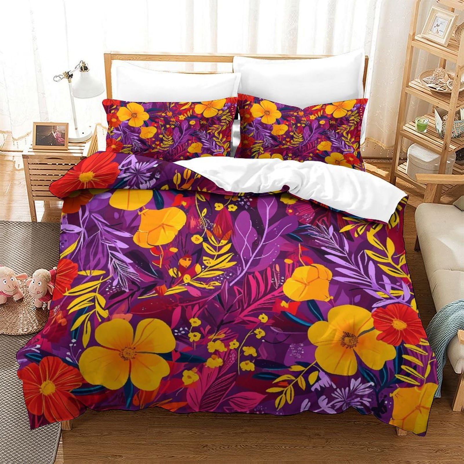 Fresh Flowers Juego De Ropa De Cama Funda De Edredón, Funda De Edredón con Fundas De Almohada, para Funda De Edredón De Suave con Cierre De Cremallera, Juego De 3 Piezas Double（200x200cm）
