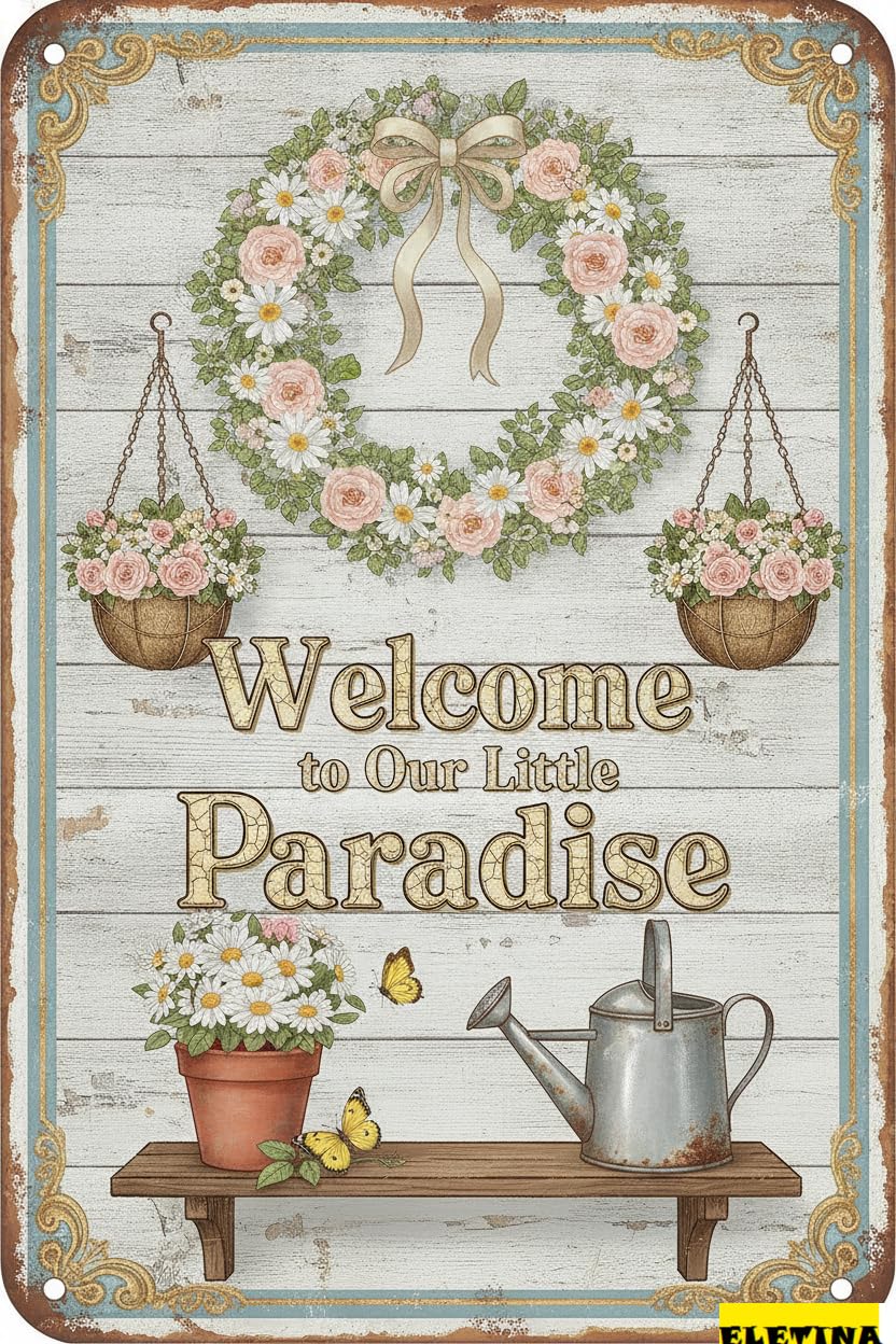Welcome To Our Little Paradise Tin Sign, 8x12 Inch