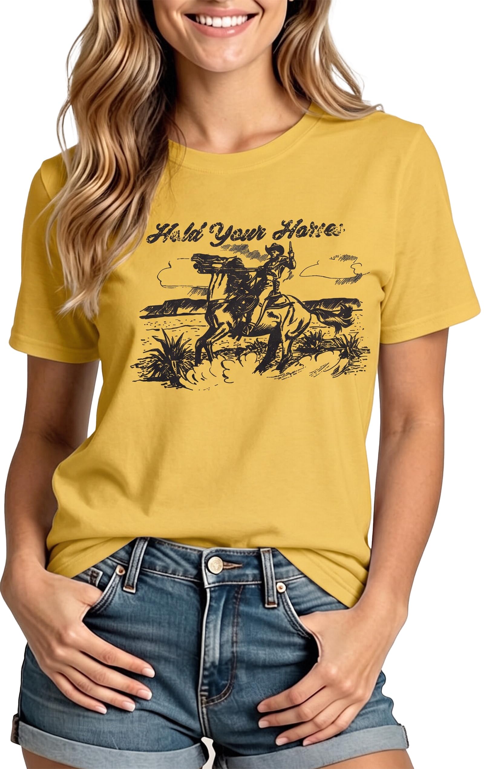 Hold Your Horses T Shirt Women Funny Rodeo Cowboy Graphic Tees