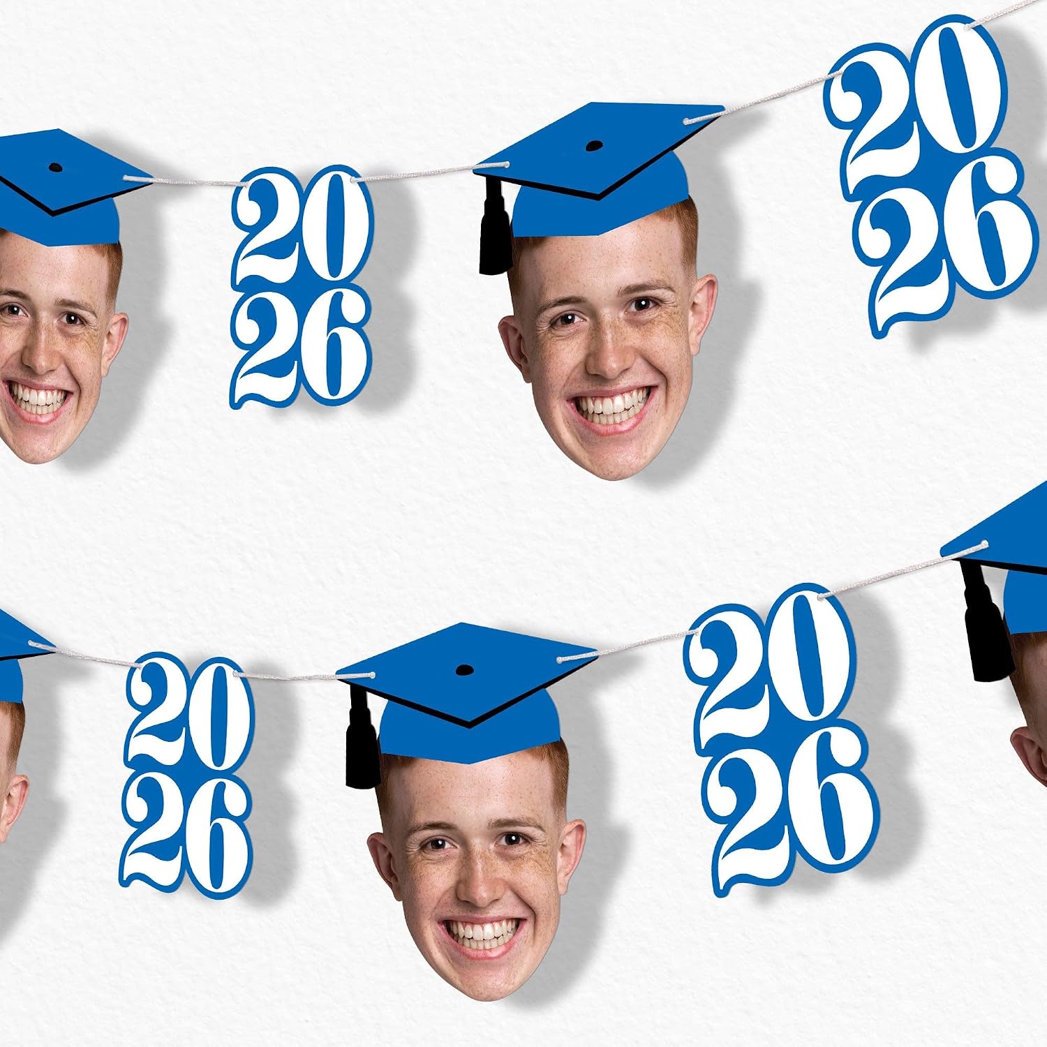 Big Dot of Happiness Custom Photo Blue Graduation Garland Banner, Personalized Grad Party Decoration, Face Cutout Banner Backdrop, 30 Feet of Cord, 5 2026 Shapes & 5 Faces with Grad Caps