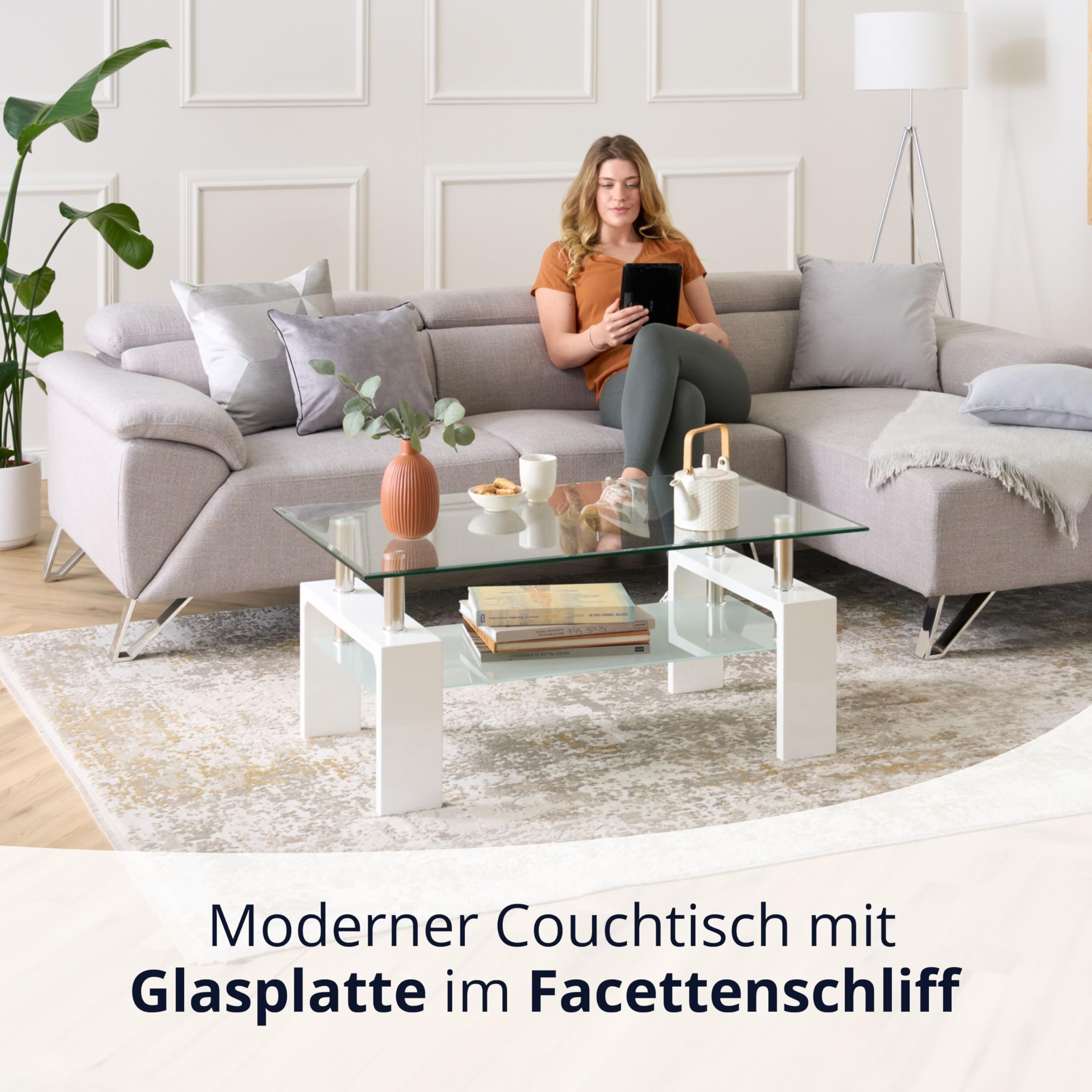 KHG Couchtisch weiß, Tischplatte inkl. Ablagefläche aus Glas transparent