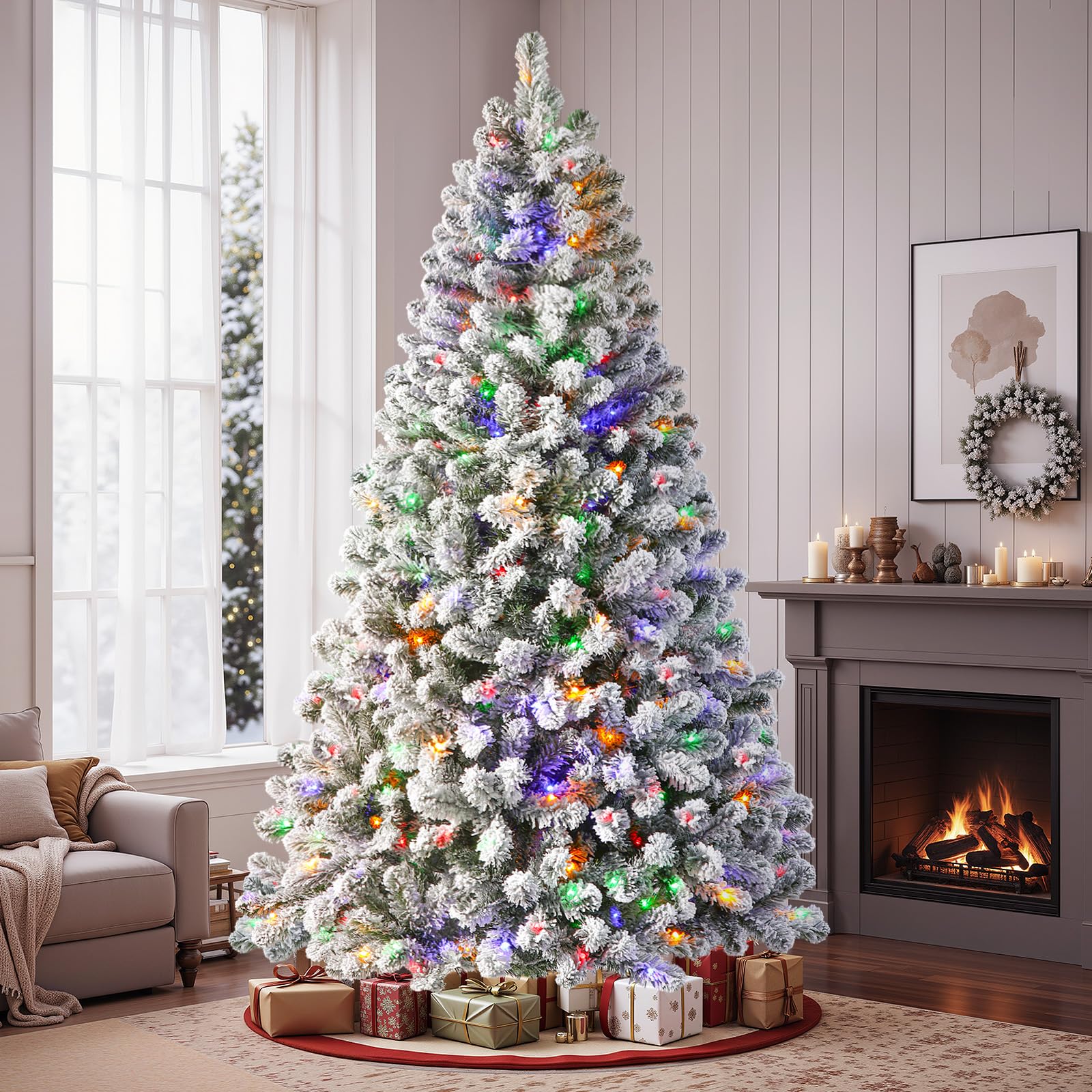 Shareconn 152 cm Sapin de Noël Artificiel Pré-éclairé, Arbre Floqué Blanc avec Support en Métal Pliable, 210 LED de Haute Qualité, 12 Modes d'éclairage, Parfait pour Les Décorations de Noël