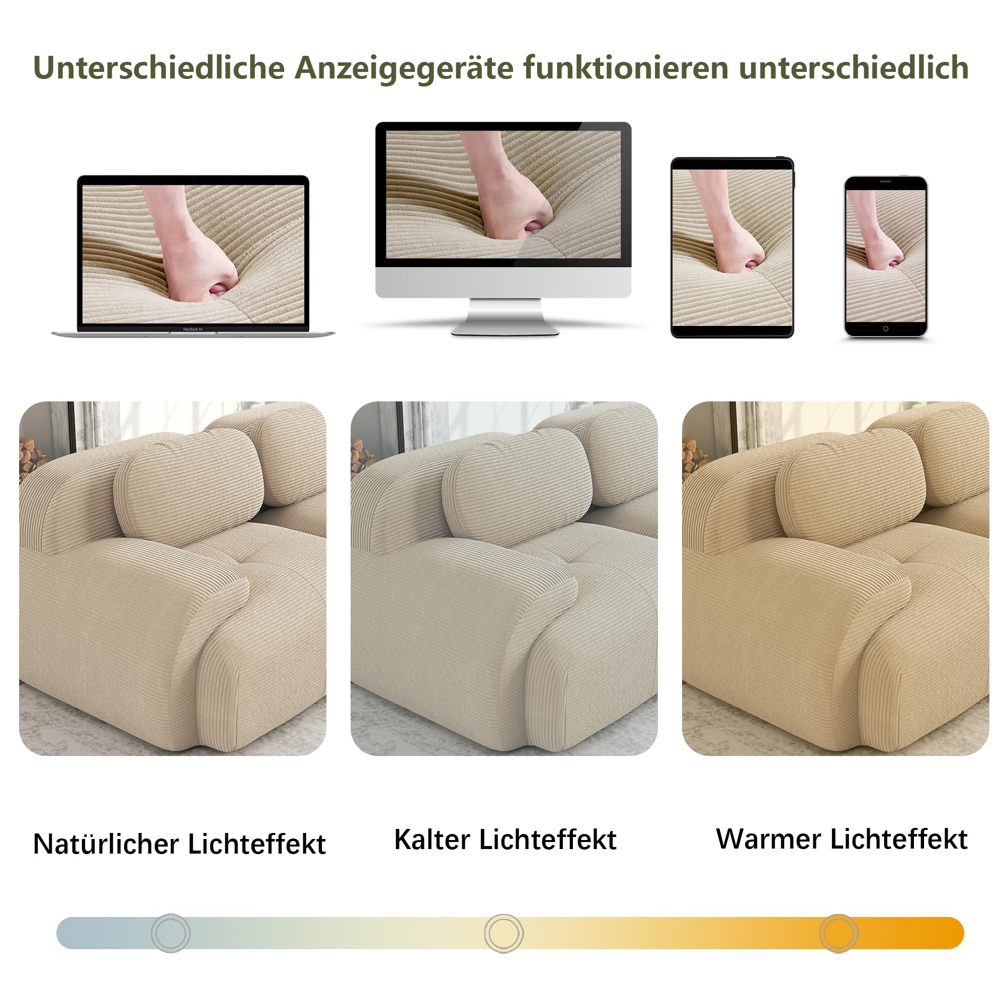 Sofá modular de esquina de tela de pana, sofá boneless, sofá con función de dormir, de 32D espuma de alta densidad, diseño de asiento profundo, base antideslizante, para sala de estar y