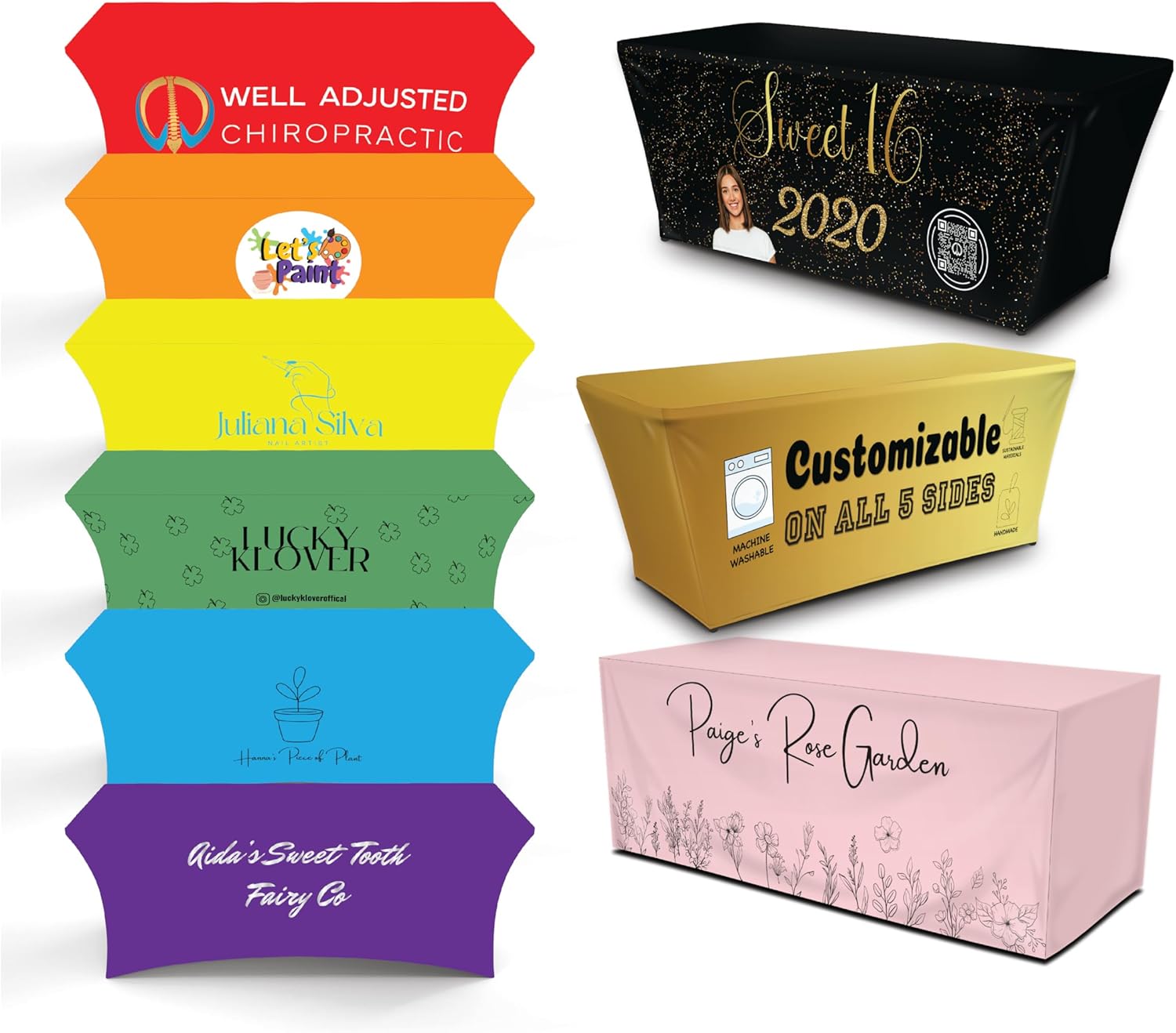 Custom Table Cloth for Events- Ships Next Day Business or Tradeshow Events, Polyester Fabric Machine Washable, 3 Sizes, Custom Table Cloth (8ft, Open Back)