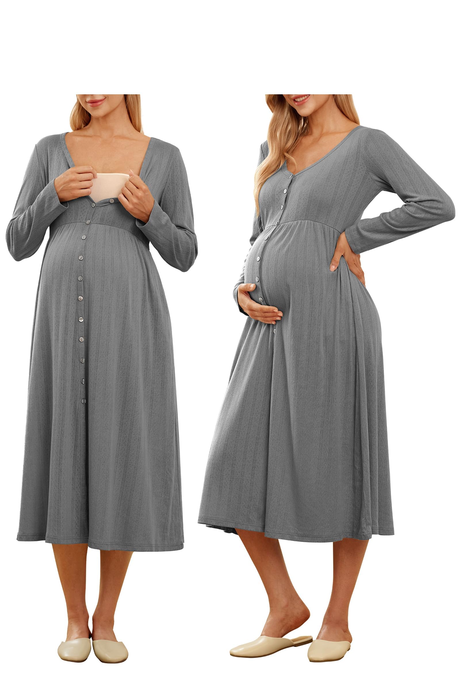 Cotton Blend Maternity Pajamas Nightgown Button Down Nursing Gown Labor Delivery Breastfeeding Dress with Pockets-image-43