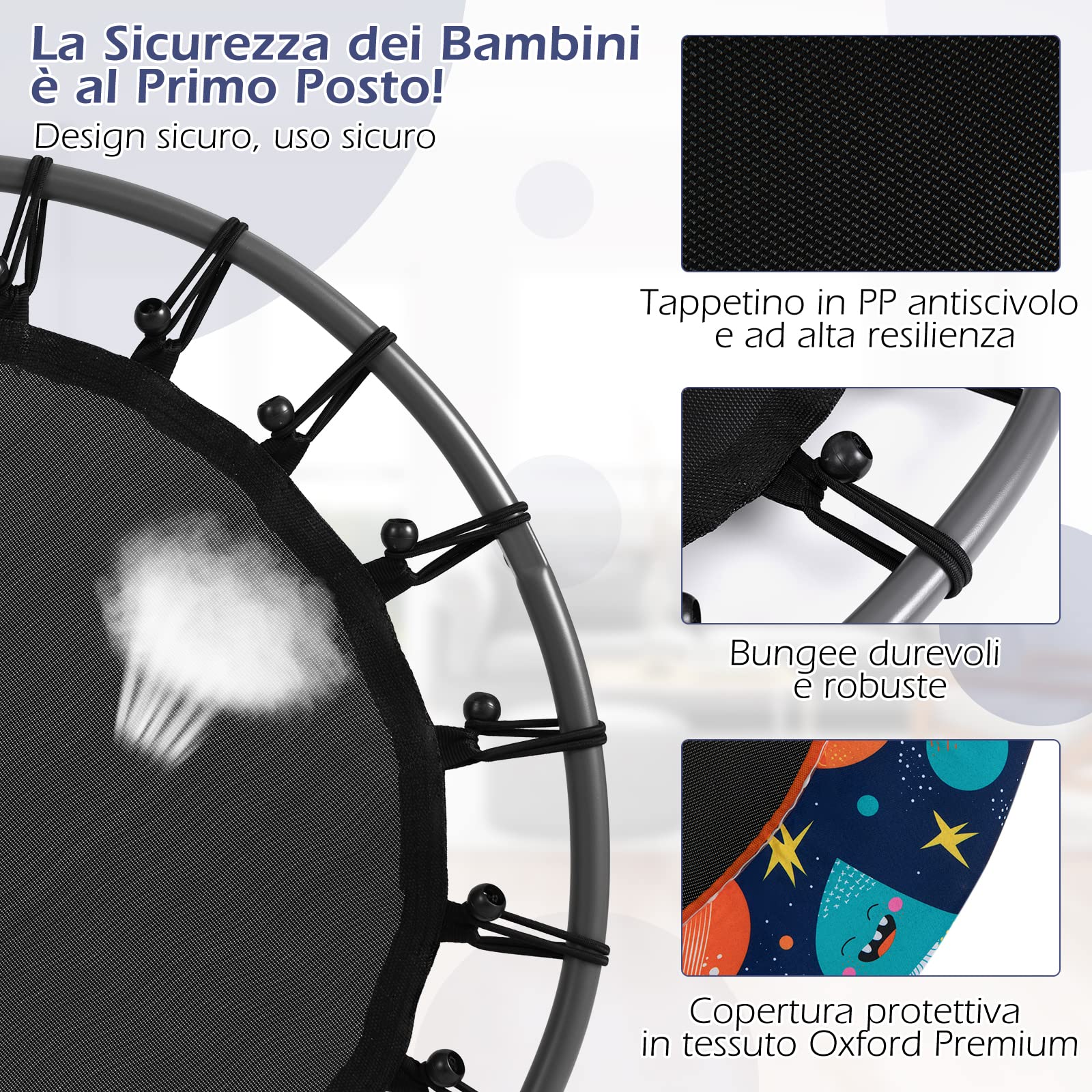 COSTWAY Trampolino per Bambini da Interno ed Esterno, Tappeto Elasctico Bambini 3-6 Anni in Acciaio con Maniglia Rimovibile, Luci LED, Cuscinetti Antiscivolo e Copertura Protettiva