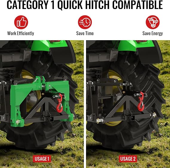 3 Point Trailer Hitch 2 Receiver Compatible with Tow Hook for Category 1 Tractors, High Strength Trailer Hitch Adapter for