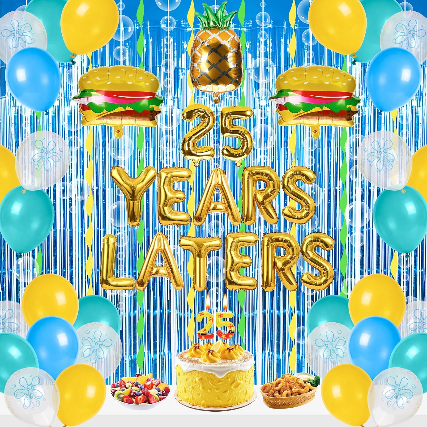 141pcs Yellow Cartoon Ocean Themed Party Decorations Supplies - Banner Foil Fringe Curtains Balloons Plates Tablecloth Cups Napkins Cupcake Toppers Cake Topper for Birthday Decor Sever 20