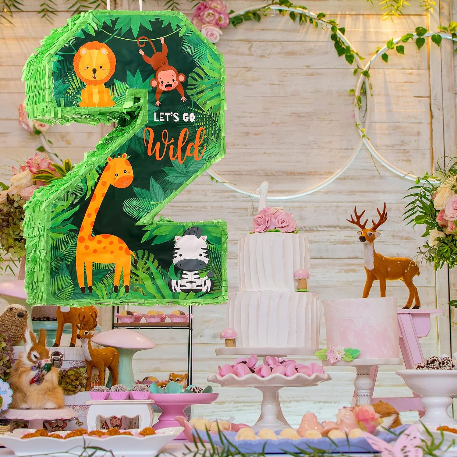 Jexine 3 Pcs 16 Inch Animal Number 2 Piñata Jungle Animals Number Two Piñata with Blindfold Bat and Confetti for Boy Zoo Themed 2nd Birthday Celebration Party Supplies