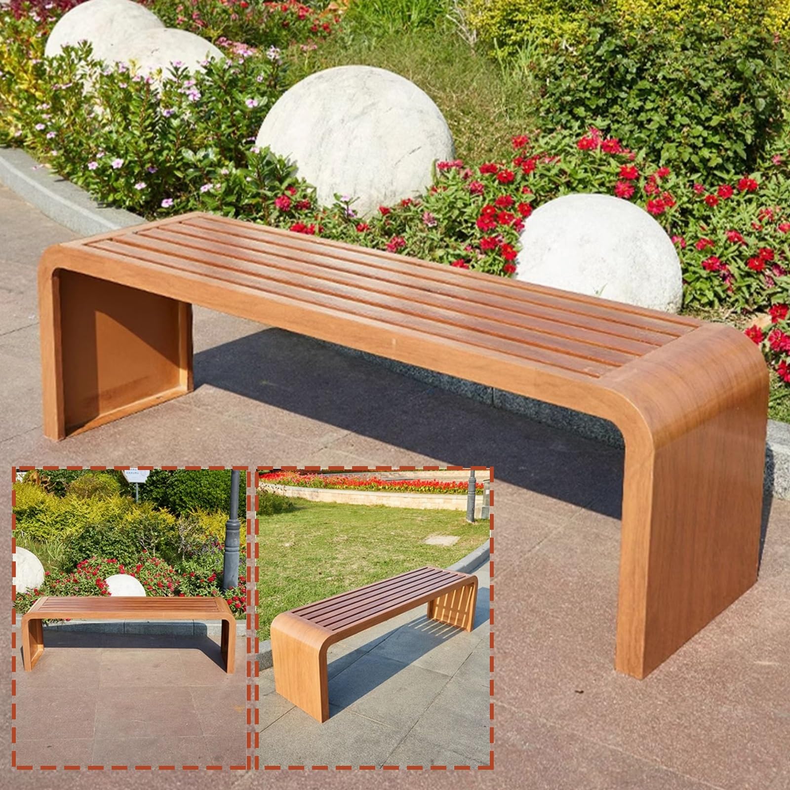 Gartenbänke, Holzbank, Terrassenbank Ohne Rückenlehne, Wetterfeste Parkbänke, Metallrahmen, Geeignet for Gärten, Veranden, Terrassen(Brown,100cm/39in)