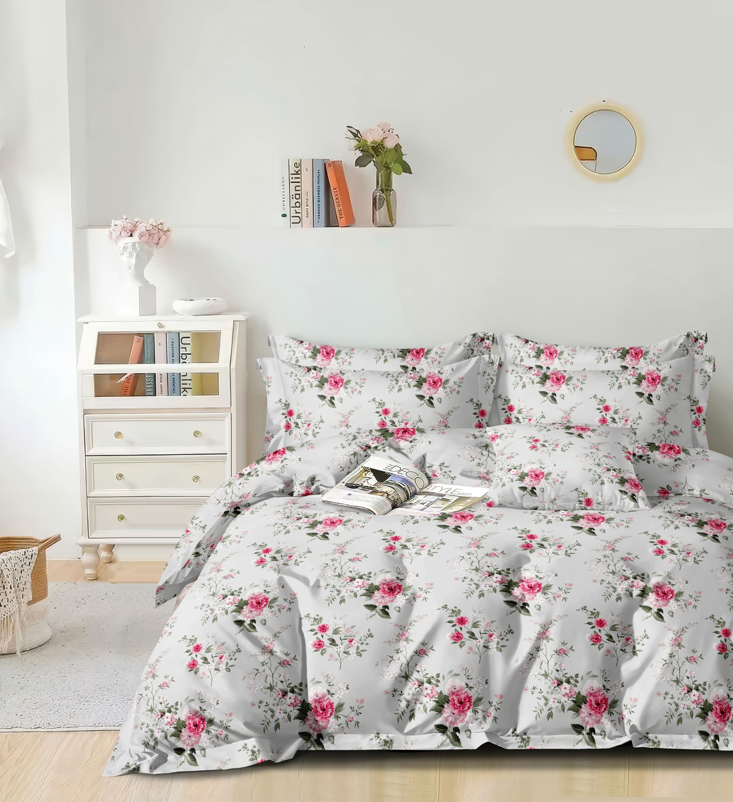 CDV Set di Biancheria da Letto 4 Pezzi con Stampa, Microfibra Set Copripiumino per Letto Matrimoniale con Zip, Lenzuolo con Angoli e 2 Federe, Set Copripiumini e Federe (Matrimoniale, Fiore