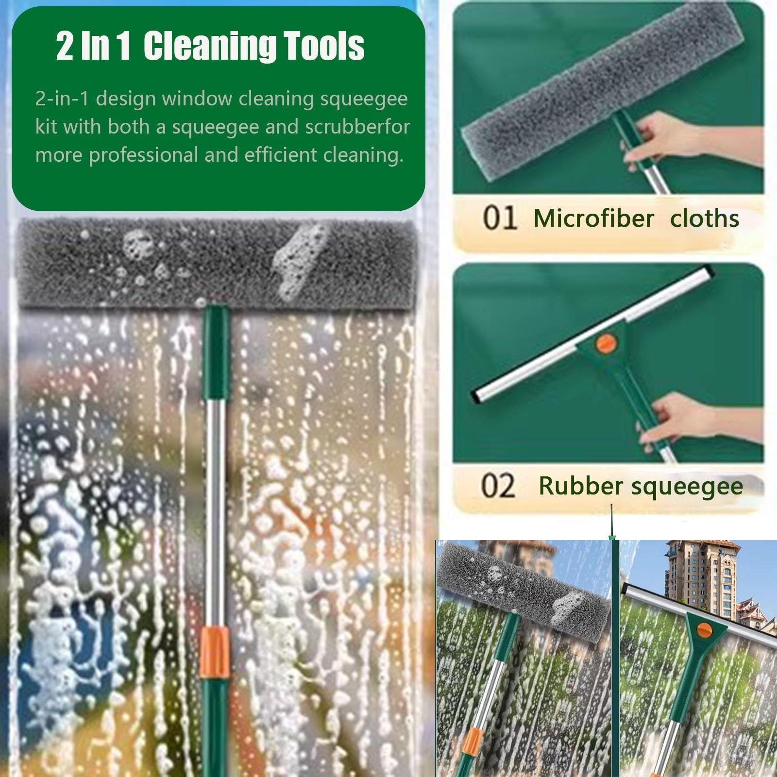 Limpiacristales Limpiador de Ventanas Escobilla limpiacristales, 4.9 7.2FT Long Telescopic Window Cleaning Pole with Rubber Blade, Window Washer Cleaning Kit for Indoor/Outdoor Glass and Car Windshiel