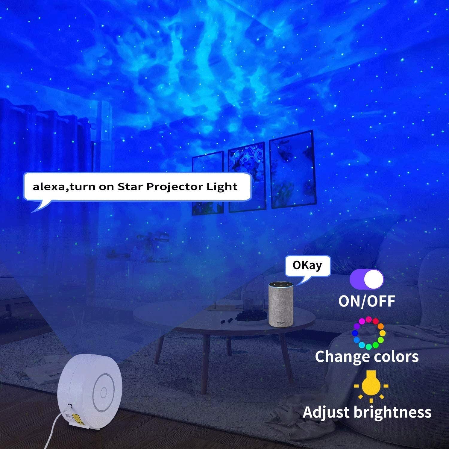 Inteligentny projektor gwiazd WiFi, lampka nocna LED, gwiaździste niebo, praca z Alexa, aplikacja i sterowany głosem, do pokoju gier, sypialni, kina domowego, dekoracja, prezenty walentynkowe