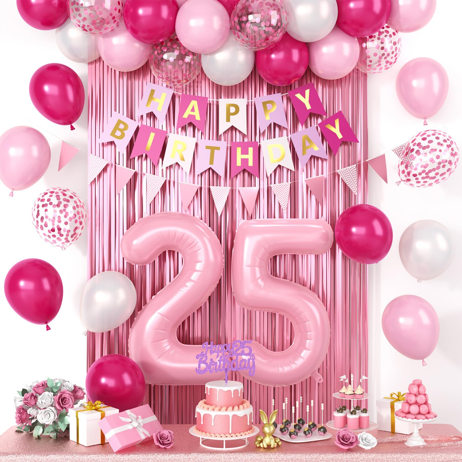 25th Birthday Decorations For Women, Pink Happy Birthday Party Decorations With Number 25 Balloons Pink Confetti Hot Pink Balloons Fringe Curtain