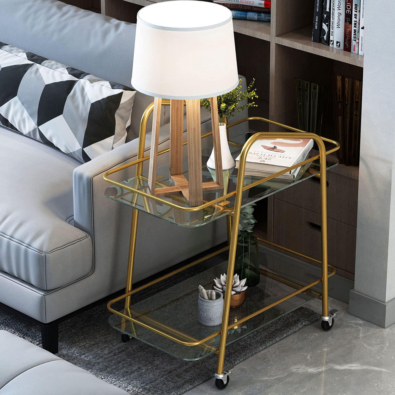 WolFum Carrello da Pranzo Mobile, Carrello con ripiano in Ferro battuto/Acciaio Inossidabile Domestico, Carrello per Vino Nordico a Doppio Strato (Acciaio Inossidabile Oro) ()